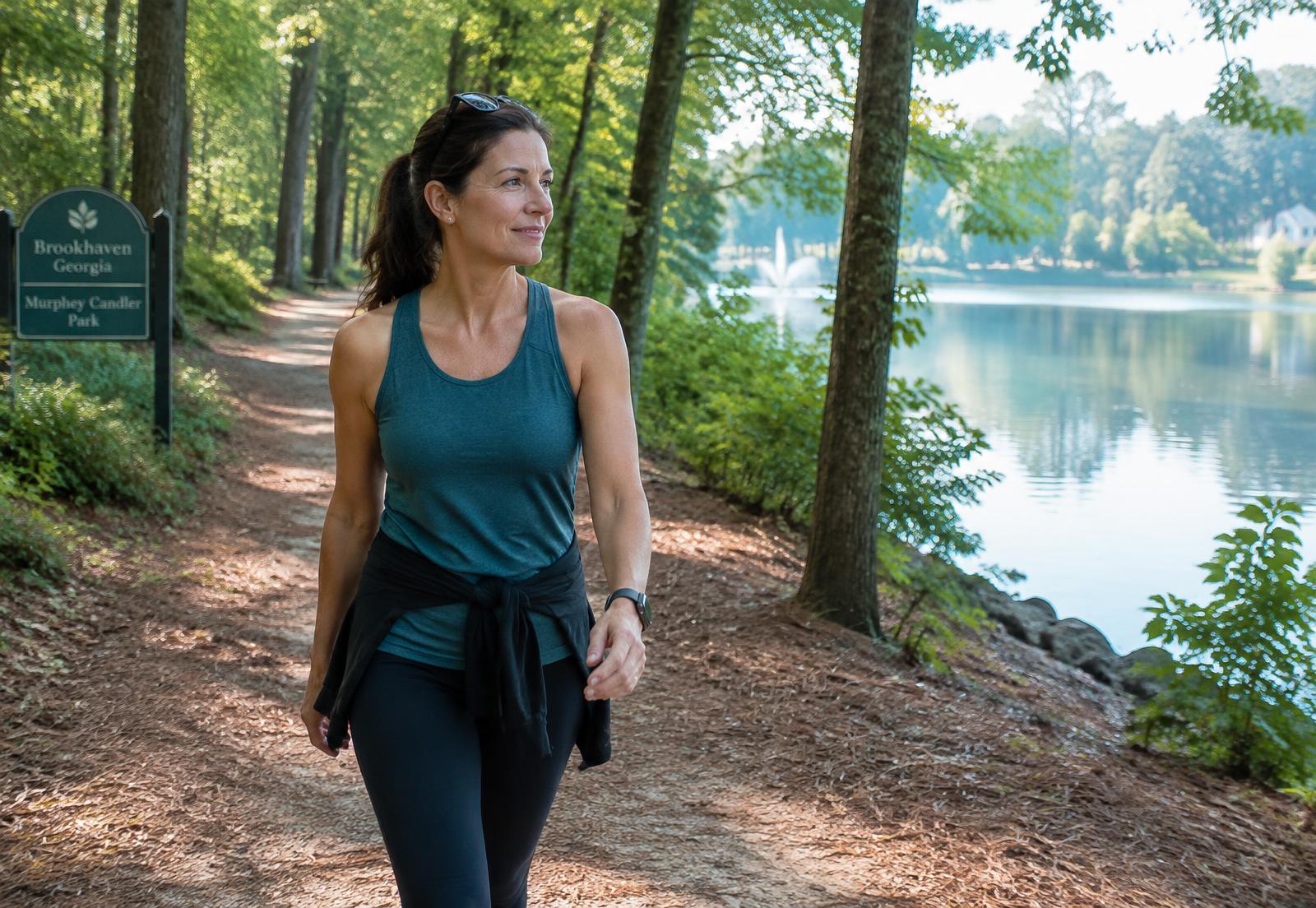Brookhaven woman walking a lakeside park trail without heel pain